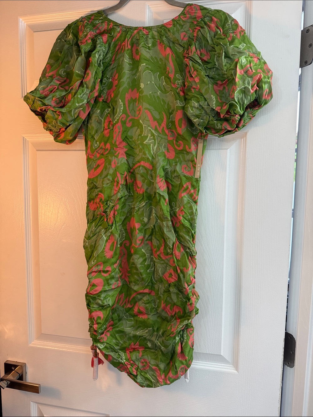 Cleobella Green Dress with Pink Abstract Print and Puff Sleeves